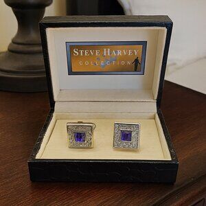 Y2K mens silver cufflinks purple stone Steve Harvey gift box vintage formal wear